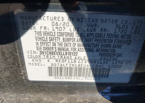 2020 Nissan Versa Sv Xtronic Cvt from USA, damaged, VIN 3N1CN8EVXLL910122